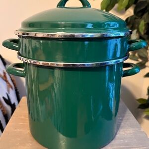 3 PIECE VTG MULTI-PURPOSE LIDDED 7 QT GREEN ENAMELED PASTA POT & COLANDER INSERT